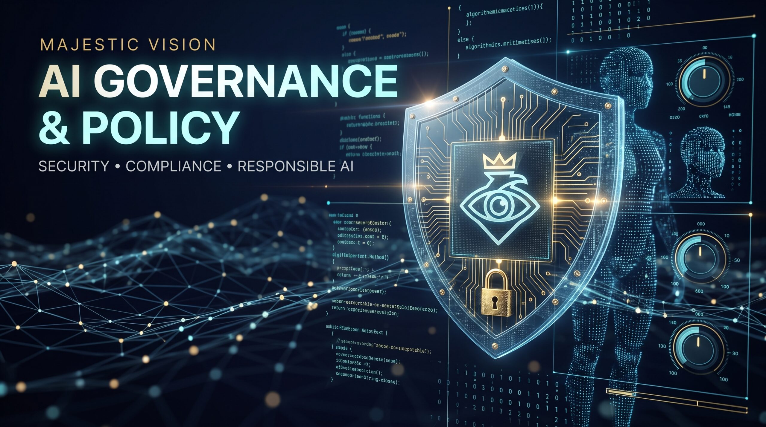High-tech featured image for the Majestic Vision AI Governance & Policy page, featuring a secure digital shield with the company's signature crowned eye logo, glowing circuitry, data nodes, and text reading "MAJESTIC VISION AI GOVERNANCE & POLICY".